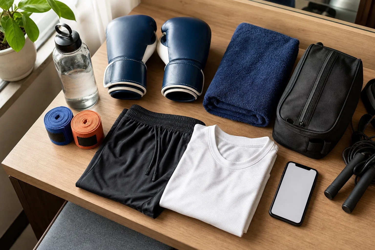 Flat-lay of Muay Thai class gear and clothing