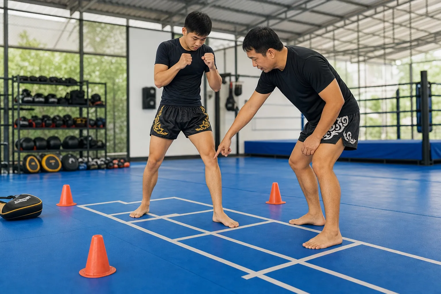 Beginner stance coaching in a Bangkok First Punch Quest class
