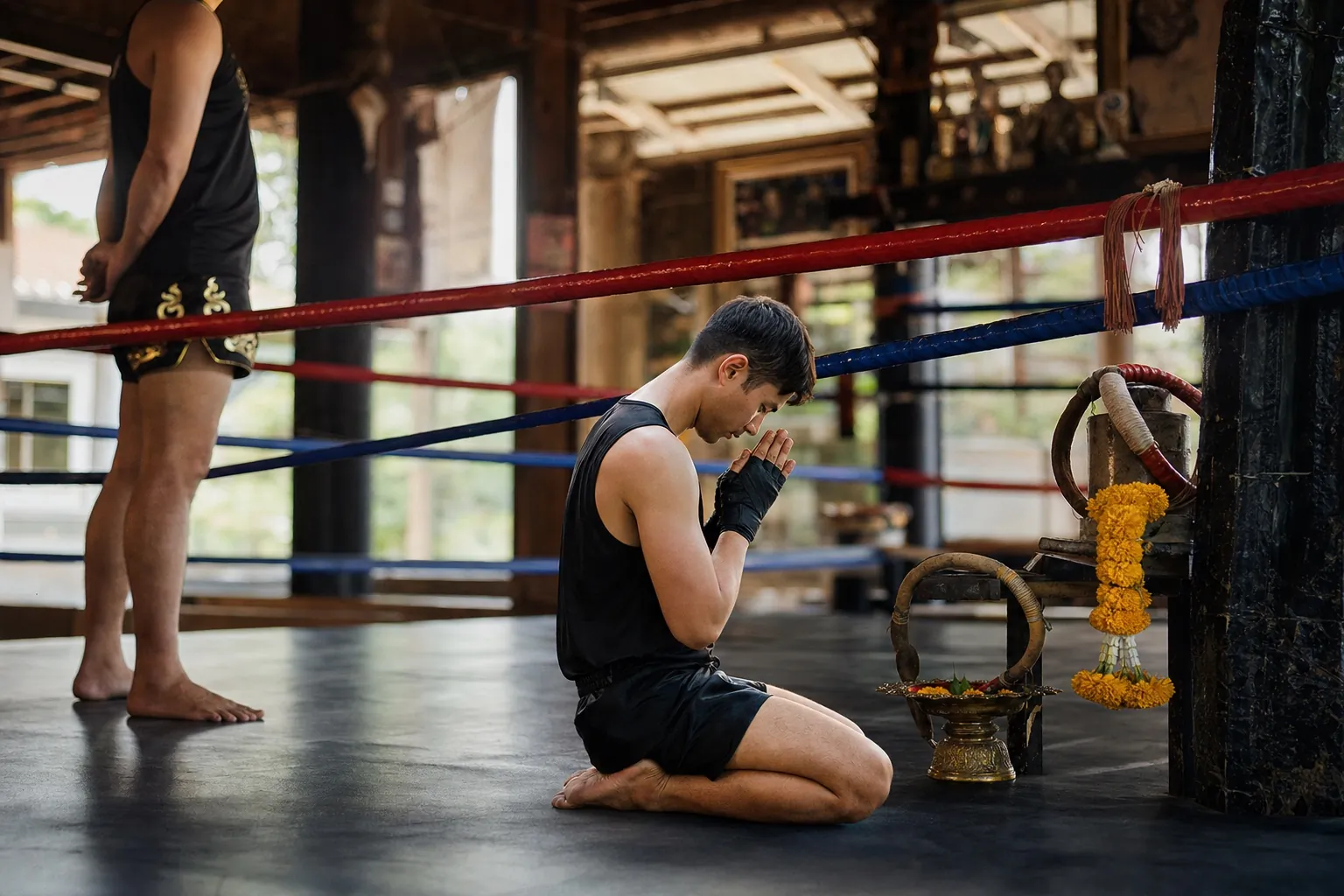 Wai khru ritual before a Muay Thai class