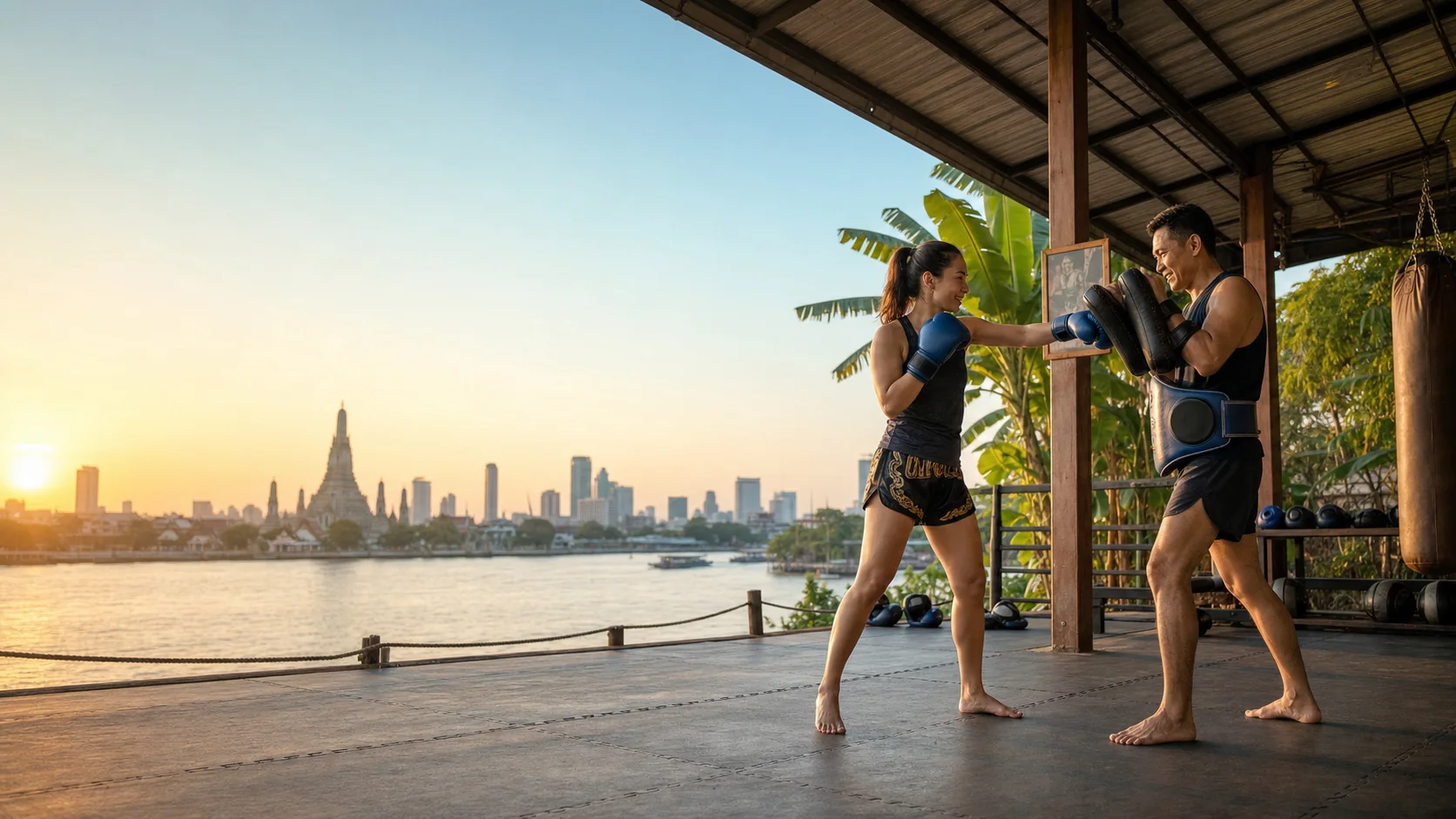 Pad work at sunset on a riverside gym platform in Bangkok, with Wat Arun in the distance
